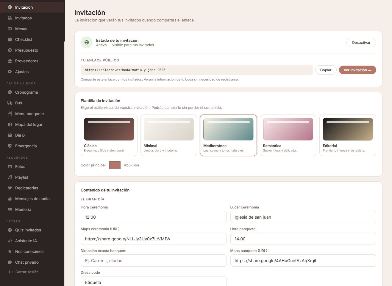 Panel de configuración de la invitación digital