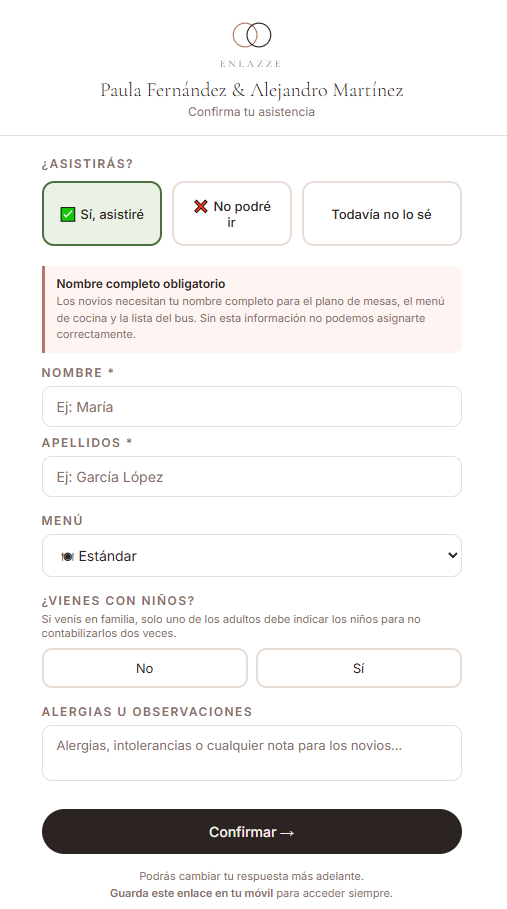 Formulario de confirmación de asistencia por QR
