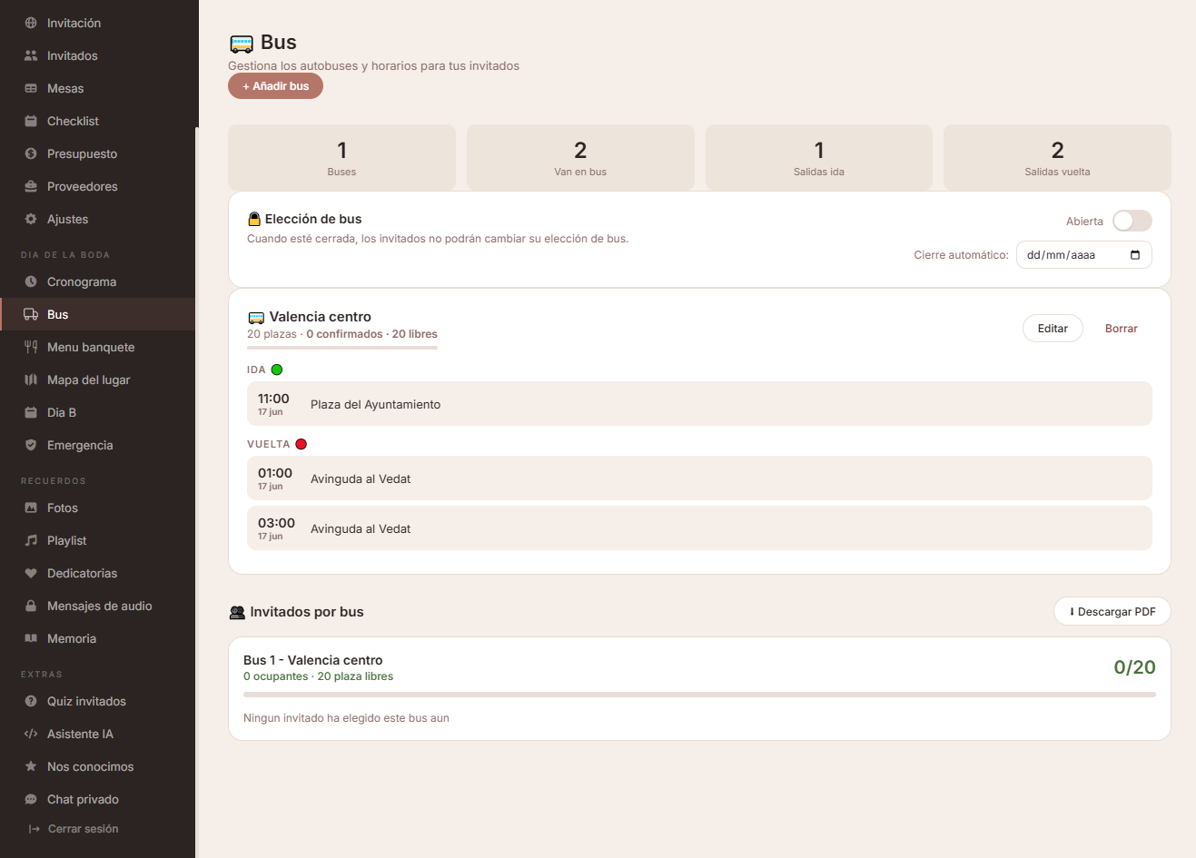 Panel de gestión de autobuses para invitados