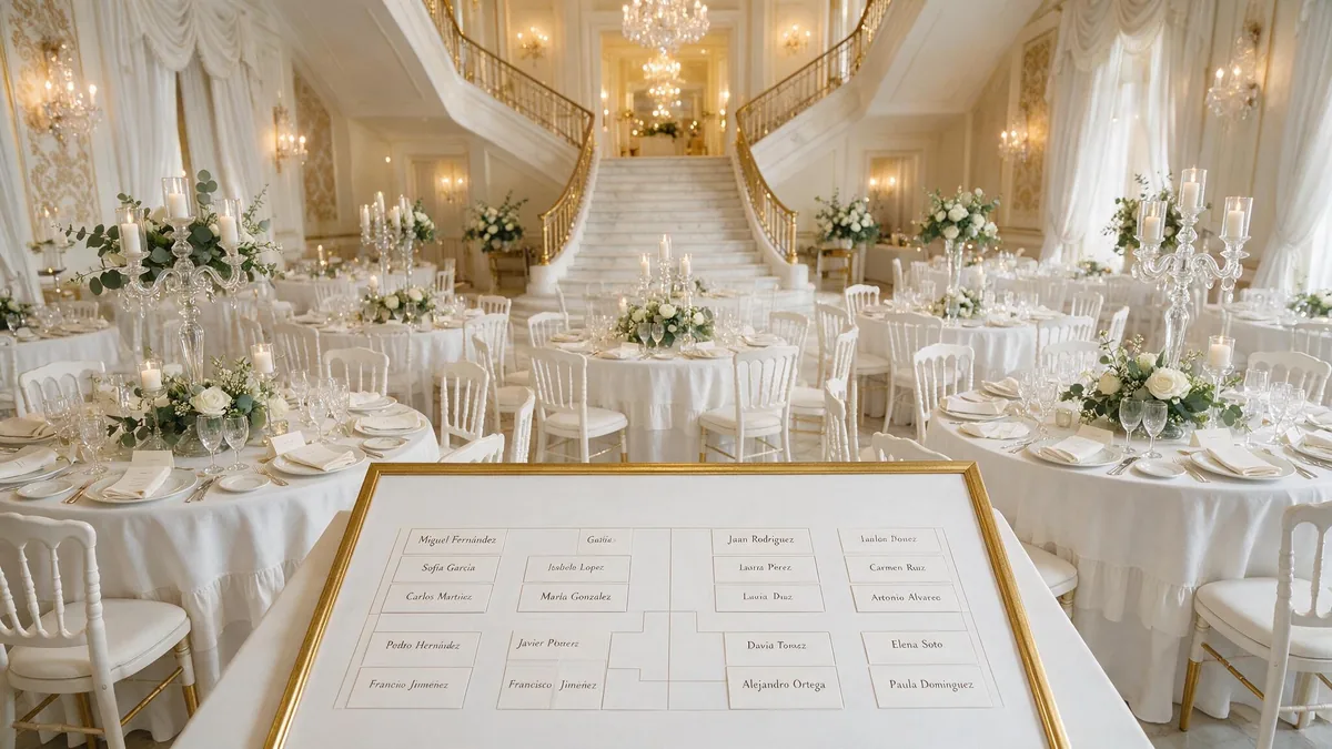 Salón de boda con plano de mesas y seating plan
