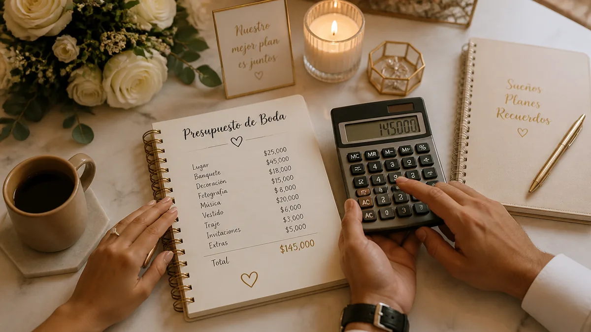 Libreta y calculadora para preparar el presupuesto de una boda